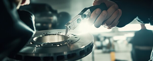 Poster - Mechanic using a digital caliper to measure a metal brake disc in an automotive workshop setting