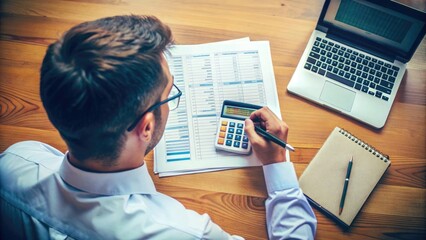 A man reviewing financial documents or reports at his desk, with a calculator and office supplies, depicting a finance or accounting work scenario