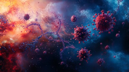 Poster - Floating virus particles with a glowing DNA helix, symbolizing viral mutation and the spread of contagious diseases.