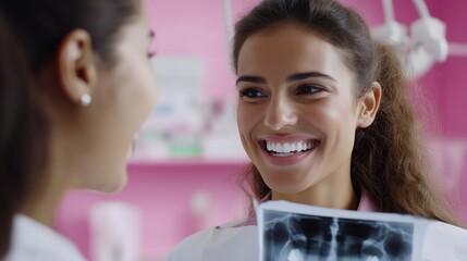 Dental examination consultation with dentist and patient reviewing x-ray results in modern clinic