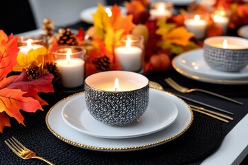 A beautifully set Thanksgiving table, complete with candles, fall foliage, and elegant tableware