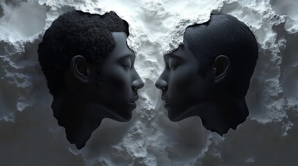 An artistic depiction of two faces emerging from a textured backdrop, symbolizing connection and duality in a surreal style.