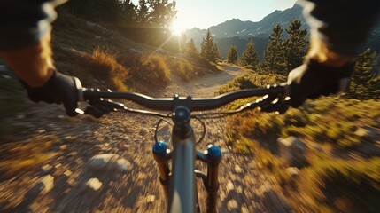 Cinematic pov of mountain biking adventure on a scenic trail at sunset