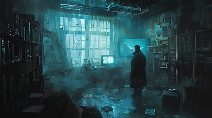 Poster - there is a man standing in a room with a tv and books