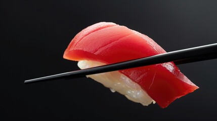 Black chopsticks hold sushi with fresh tuna on a dark background. Close-up. Sushi nigiri tuna.