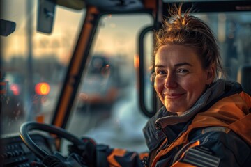 Poster - A woman sits behind the wheel of a truck, ready to drive