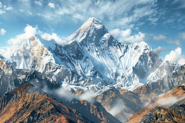 Poster - Mountain landscape with snowy peak in the distance, suitable for travel or adventure concepts