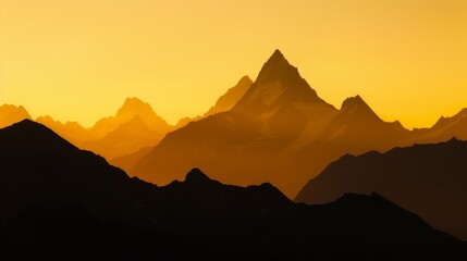 Aufkleber - Silhouetted peaks at sunrise, warm golden light, tranquil sky Close-up photo with clean background