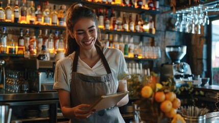 Poster - A woman standing in front of a bar, holding a tablet for research or communication