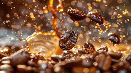 Poster - A pile of coffee beans falls into a puddle of water, great for food and beverage or nature themes