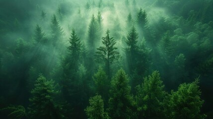 Mystical Aerial View of Foggy Spruce Forest During Flight