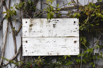 Aufkleber - A white sign hangs on the side of a building, featuring simple text in black letters