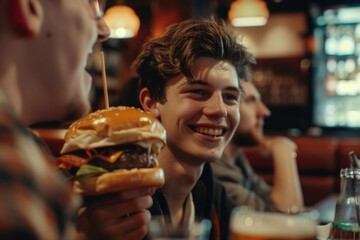 Canvas Print - Group of friends enjoying burgers and conversation