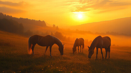 Arabian horses graze in an orange sunset, bathed in warm light. The foggy Carpathian mountains create a dramatic scene in Ukraine. The beauty of the world is breathtaking.