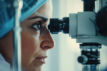 Poster - A person examines a sample under a microscope, highlighting the detail and precision required for scientific study