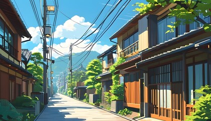 Wall Mural - Vibrant Cartoon Illustration of a Peaceful Japanese Street on a Sunny Day