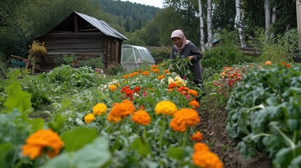 Vibrant russian dacha garden with woman cultivating vegetables and flowers