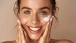 © venusvi - Young woman smiling while applying facial cream Close-up photo with clean background