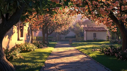 A rural court, framed by peach trees in the soft light of day, mixes animation and realism to create a perspective-rich illustration with warm, lively colors