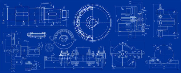 Canvas Print - Vector engineering drawing of steel mechanical parts 
with through holes and dimension lines. Industrial 
cad scheme on paper sheet. Technology background.