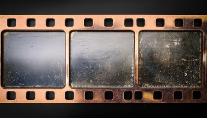 Wall Mural - Close-Up of an Aged and Scratched Vintage 35mm Film Strip Negative in Golden Brown Tones, Capturing the Empty, Faded Frames with Dust and Grime, Highlighting the Nostalgia of Classic Analog Cinema