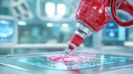 Poster - futuristic red robotic arm touching digital screen with sparks