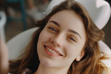 Aufkleber - A woman smiles as she holds her cell phone, possibly enjoying a conversation or looking at photos