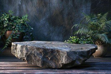 Poster - A large rock sits atop a wooden table, perfect for decorative use or as a unique display piece