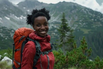 Poster - A woman stands in front of a mountain, wearing a backpack and looking out at the scenery
