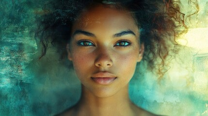Wall Mural - a portrait with a grainy gradient overlay, shifting from warm tones at the top to cooler tones at th