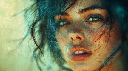a portrait with a grainy gradient overlay, shifting from warm tones at the top to cooler tones at th