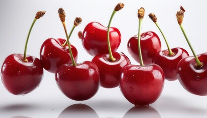 Poster - Vibrant Cluster of Glossy Red Cherries with Long Green Stems Against a Clean White Background, Showcasing Their Freshness and Rich Color Under Soft, Natural Lighting