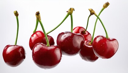 Vibrant Cluster of Glossy Red Cherries with Long Green Stems Against a Clean White Background, Showcasing Their Freshness and Rich Color Under Soft, Natural Lighting