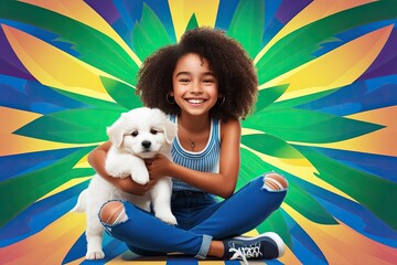 Wall Mural - Optimistic Radiant Grinning Brazilian Girl in Blue Ripped Jeans Tenderly Supporting a Fluffy White Puppy in a Three-Dimensional Illustration