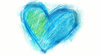 hand-drawn blue and green heart sketch on white background