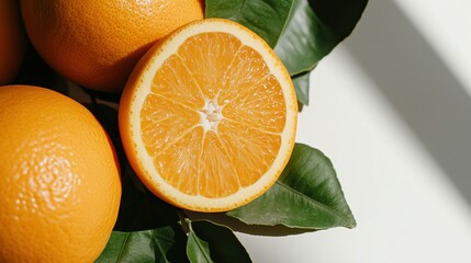 Wall Mural - Fresh citrus delight: sliced orange with leaves for springtime inspiration