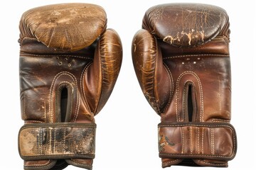 Wall Mural - A pair of worn out brown leather boxing gloves, perfect for nostalgic sports memories or vintage-inspired designs