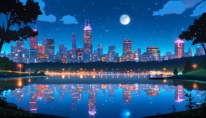 Wall Mural - vibrant anime night scene featuring a lake reflecting a stunning cityscape skyline