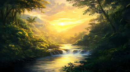 A river in the forest with the sun shining on it green forest and forest stream at sunset. Amazon Rainforest. Illustration