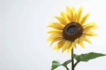 Aufkleber - A bright yellow sunflower with green leaves and stems on a clean white background, ideal for use in food, travel or still life photography