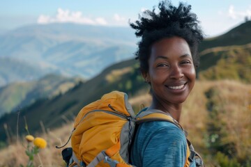 A happy woman wearing a backpack and smiling directly at the camera