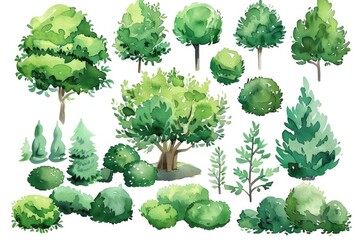 Poster - Watercolor illustration of various trees and bushes, great for nature-inspired designs or backgrounds