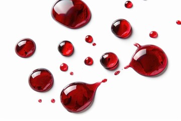 Poster - A close-up view of a group of red liquid drops on a white surface