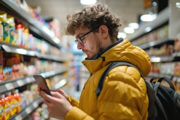 Canvas Print - A person looking at their cell phone while wearing a yellow jacket, suitable for illustrations about everyday life or modern technology