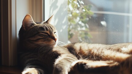 A relaxed tabby cat lounging in sunlight by a window, enjoying a peaceful afternoon at home