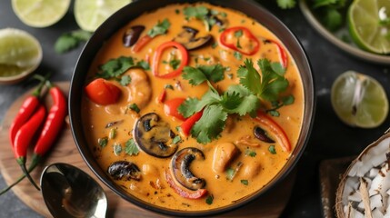 Wall Mural - Thai Chicken Coconut Curry Served in a Bowl. Vegan Keto Coconut Curry