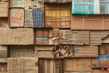 Poster - A pile of cardboard boxes stacked high with various shapes and sizes