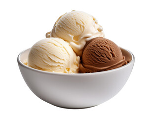 Delicious bowl of three ice cream scoops: vanilla, chocolate, and butter pecan, perfect for dessert lovers.