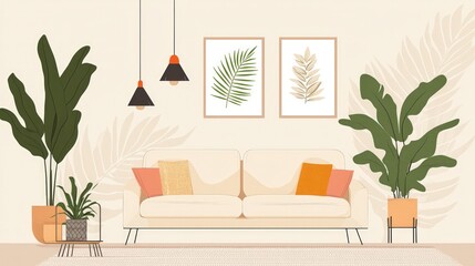 Wall Mural - A domestic cozy interior with a beige sofa, plants, and elegant home decor.