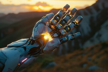 Poster - A close-up image of a hand with a glowing light emanating from the palm